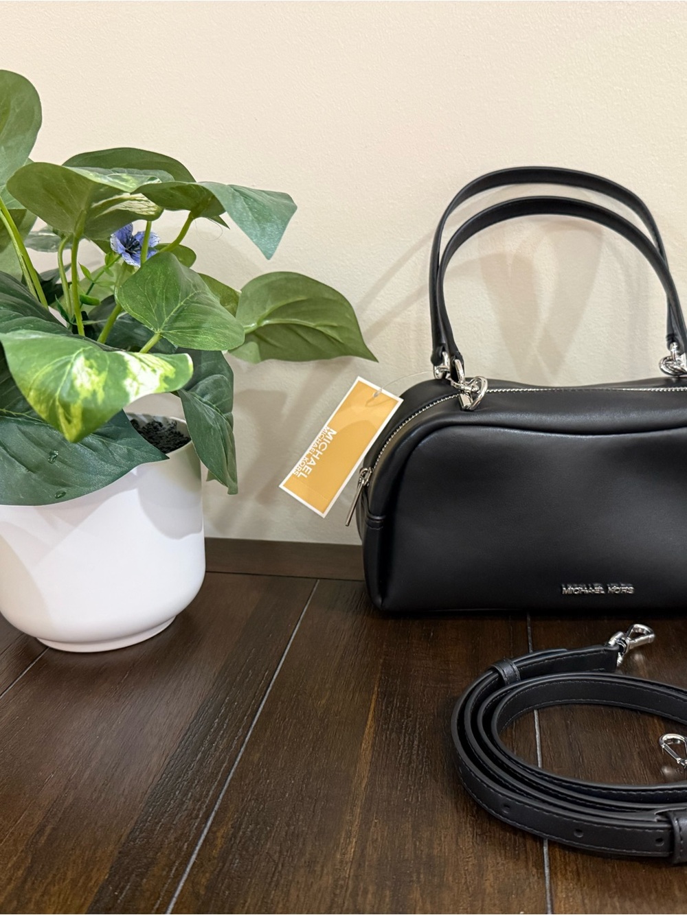 Michael Kors Black Leather Dome Satchel with Removable Strap